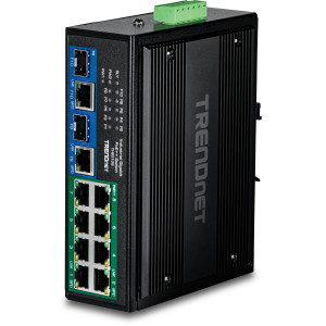 TRENDnet TI-BG108 10-Port Ethernet Switch, 8 Gigabit PoE++ ports, 2 shared Gigabit RJ-45/SFP slots, 20 Gbps switching capacity, DIN-rail/wall mount
